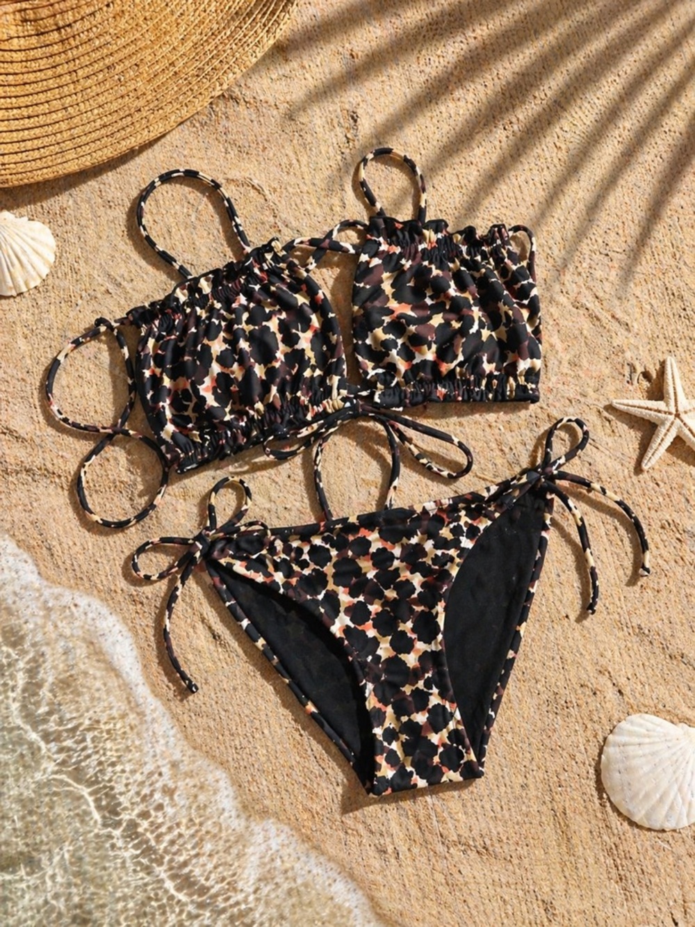 Leopard Print Tie-Side Bikini Set - Black & Brown